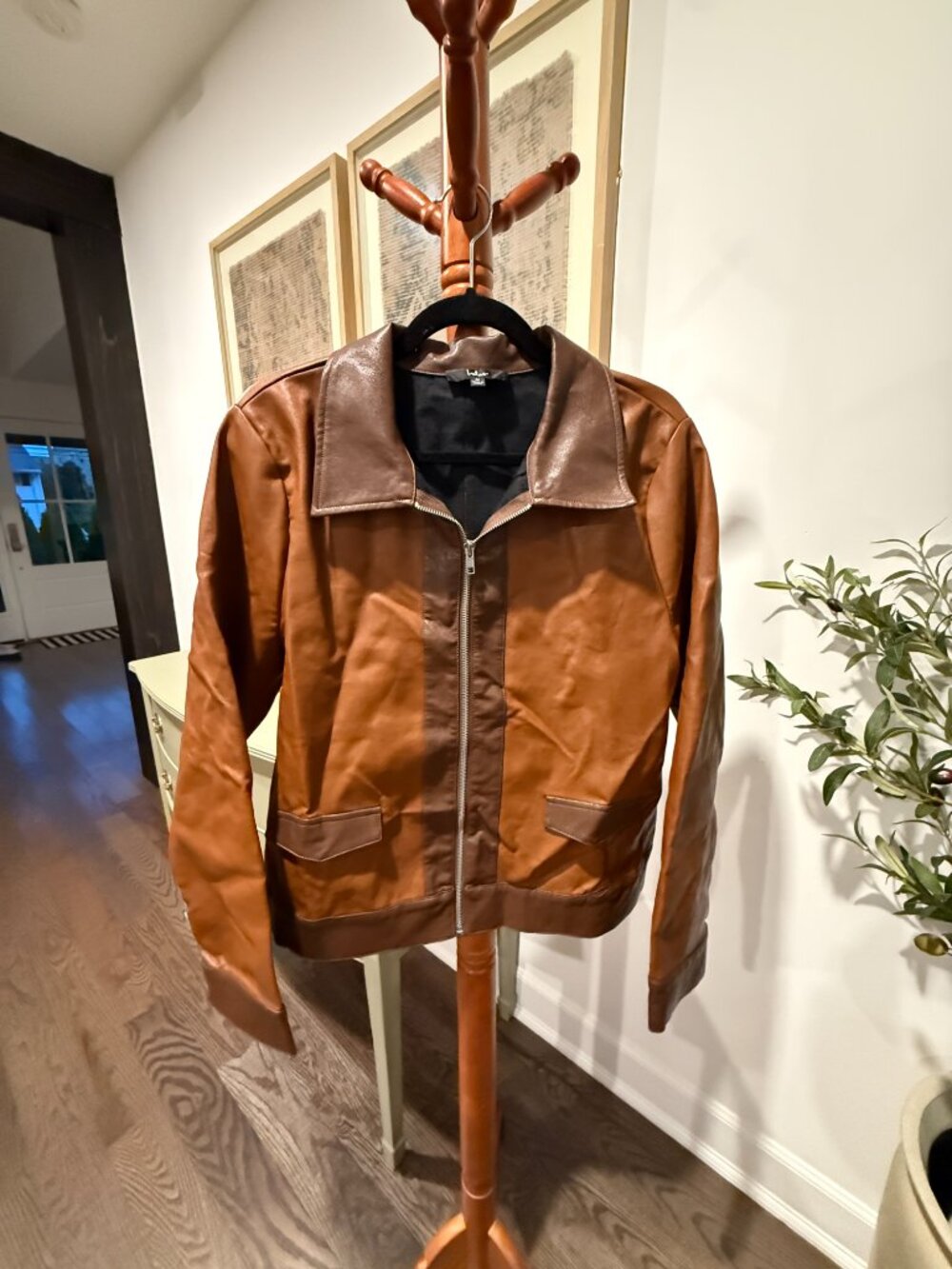 Lulus Two Tone Brown Faux Leather Zip Jacket Size M